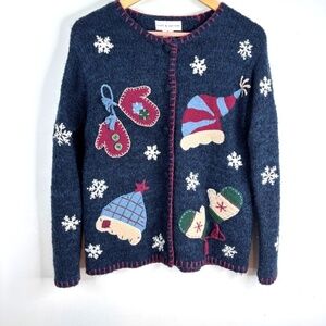 VTG 90s Christmas Cardigan S Wool Silk Embroidered Mittens Granny Cottage Ski